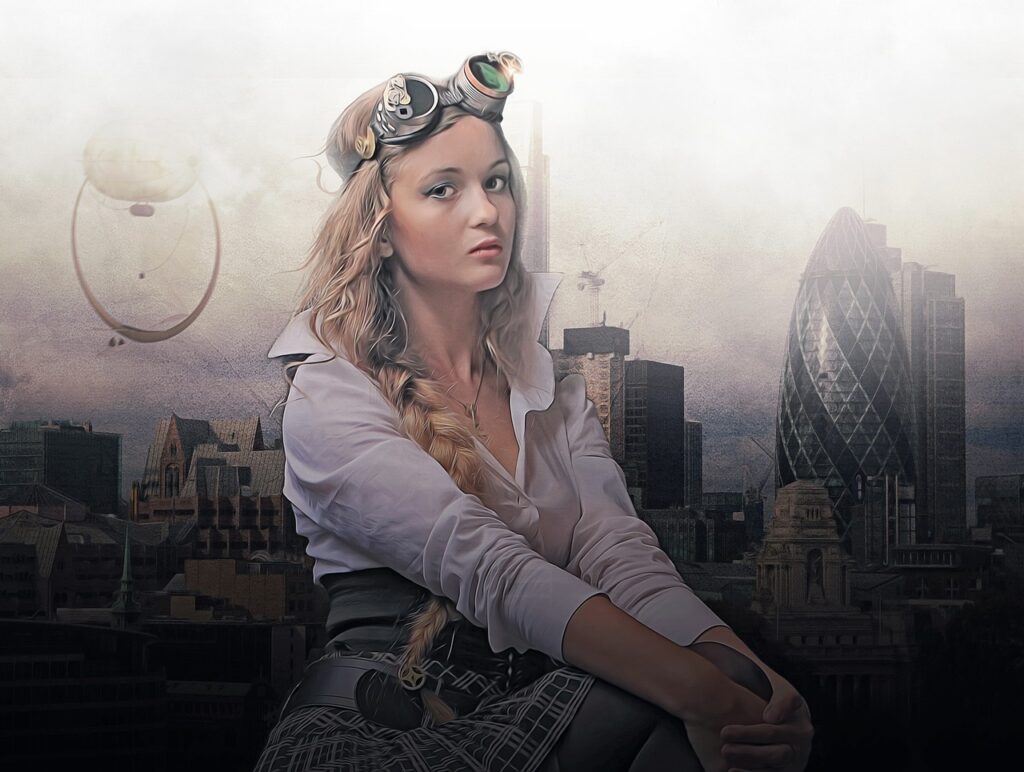 steampunk, fantasy, portrait, fantasy portrait, woman, girl, beauty, blonde, glasses, city, dark city, sky, nature, hot air balloon, mist, scifi, sci-fi, mysterious, design, book cover, photoshop