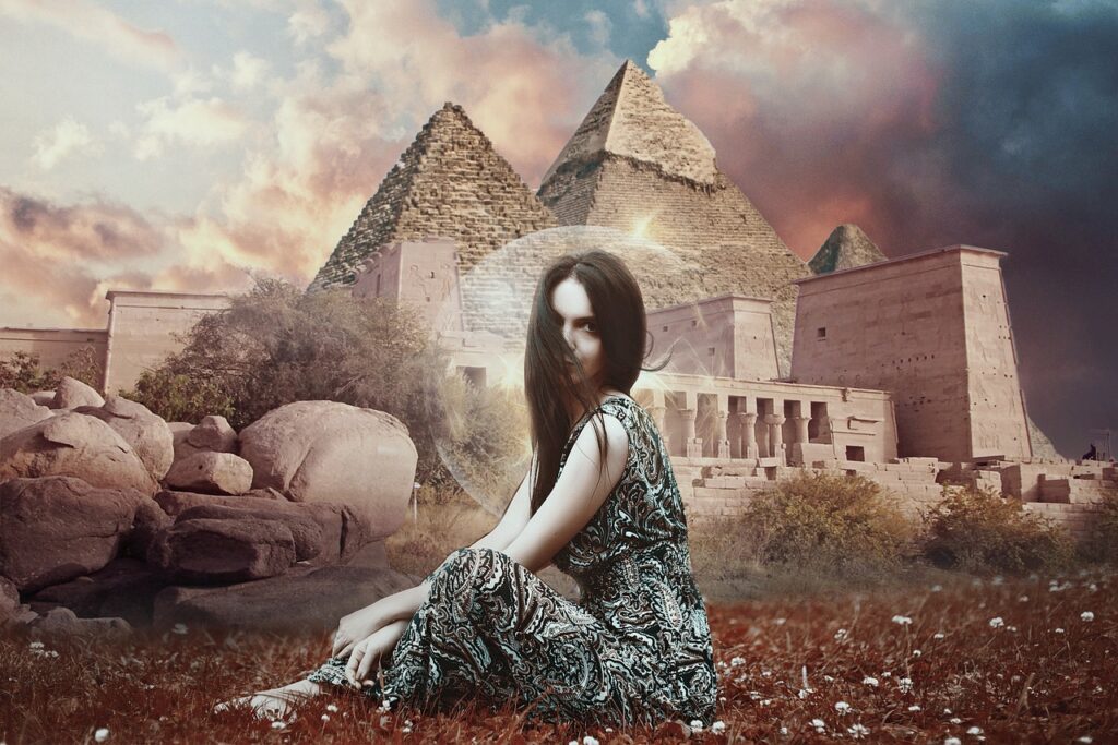 fantasy, pyramids, desert, sky, temple, egypt, egyptian, woman, girl, nature, young, beauty, model, bubble, scifi, sci-fi, atmosphere, composing, book cover, photoshop, photomanipulation, brown book, brown books, brown desert, brown bubbles